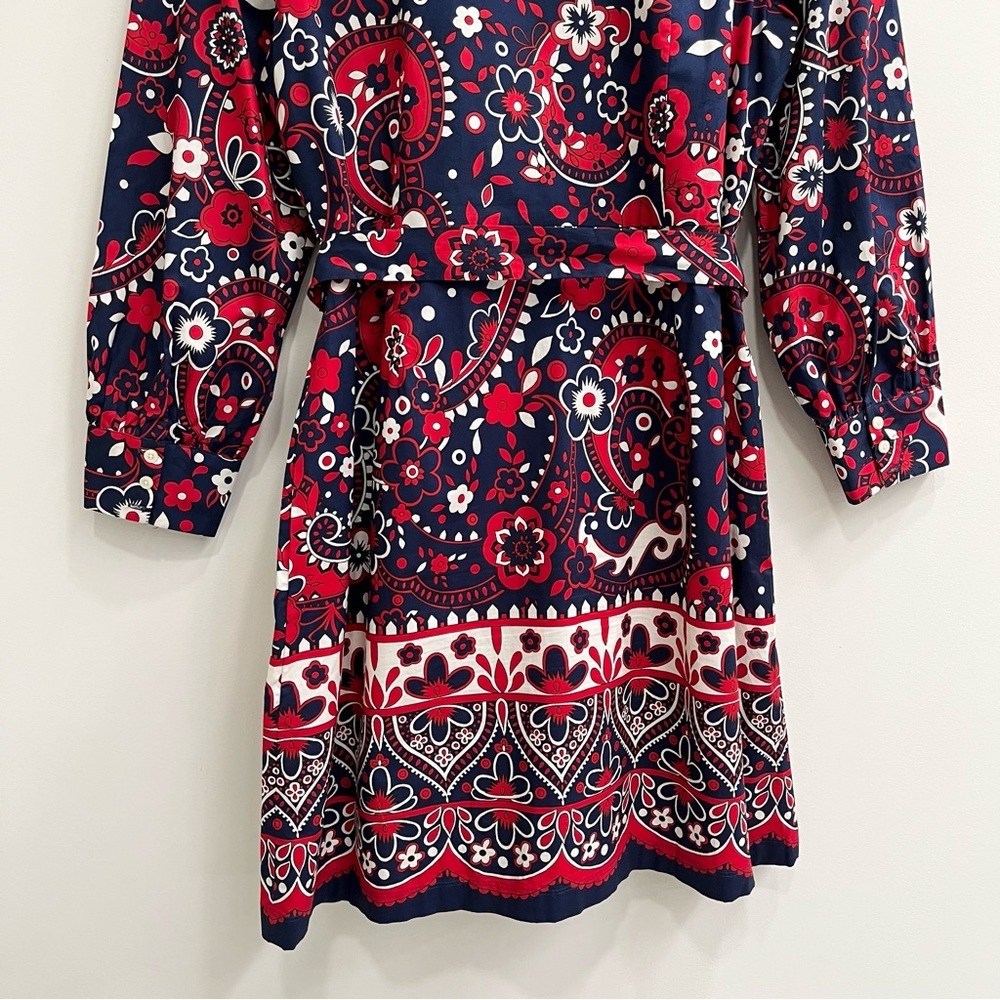 Talbots Picnic Paisley Poplin Shirtdress Navy Blue Red Belted Long Sleeve 16P - Picture 10 of 13
